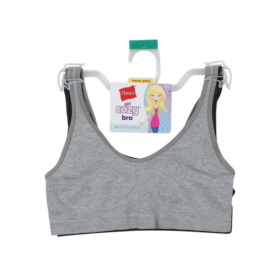 Hanes Girls' Cozy Seamless Wirefree Pullover Bra 2-Pack Black/Heather Grey M