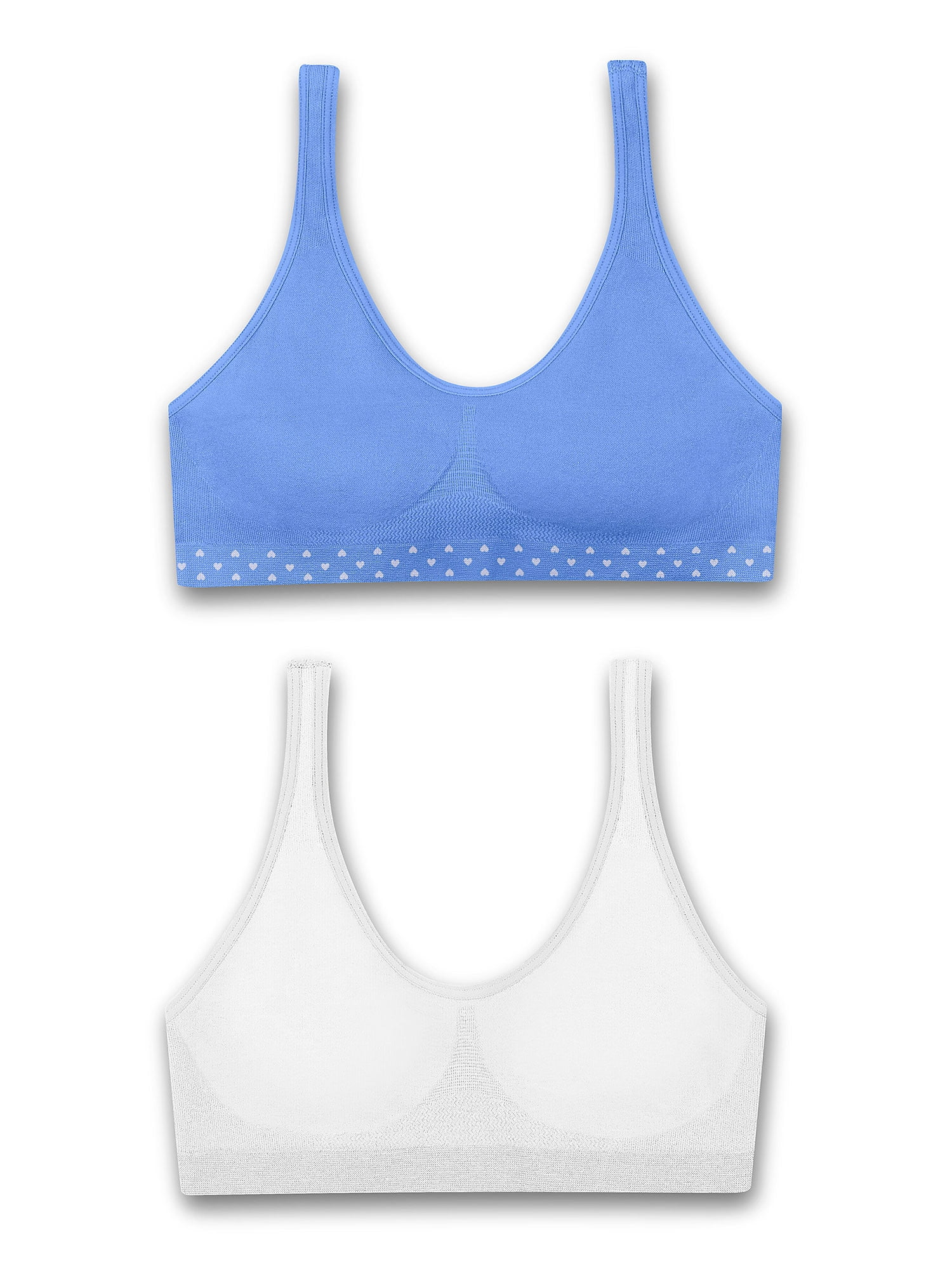 Hanes Girls' Cozy Seamless Wirefree Pullover Bra 2-Pack Blue Star/White  Hearts w/White S 