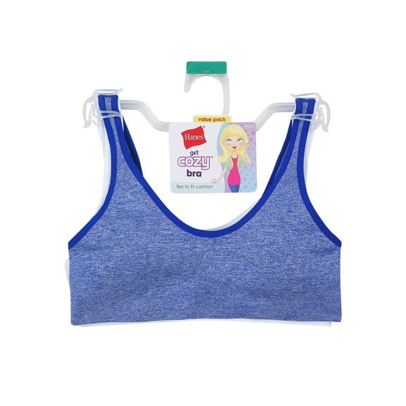 Hanes Girls' Cozy Seamless Wirefree Pullover Bra 2-Pack White/Flight Blue M