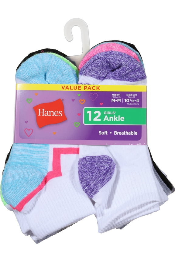 Girls Ankle Socks, 12 Pairs, Moisture-Wicking, Cushioned, Breathable Mesh