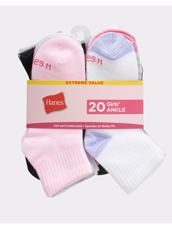 Girls' Ankle Socks, Super Value Pack, 20-Pairs Assorted L