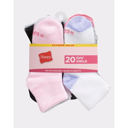 Hanes Girls' Ankle Socks, Super Value Pack, 20-Pairs Assorted M