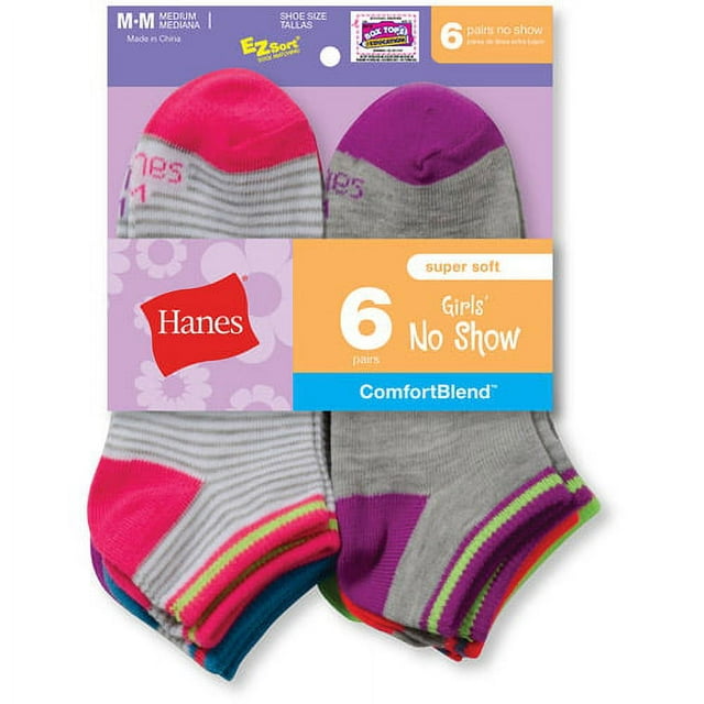Hanes Girls No Show Socks 6-Pack, Sizes M-L