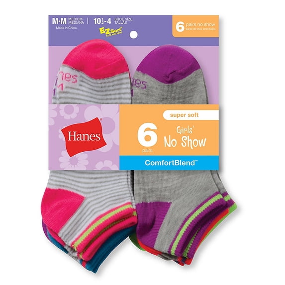 Hanes Girls No Show Socks 6-Pack, Sizes M-L