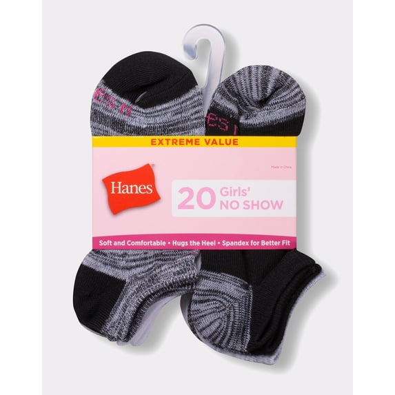 Hanes Girls' No Show Socks, Super Value Pack, 20-Pairs Assorted L