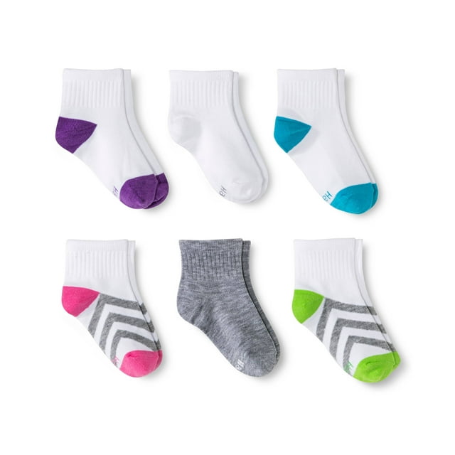 Hanes Girls Premium 6 Pack Athletic Ankle Socks, L, Assorted