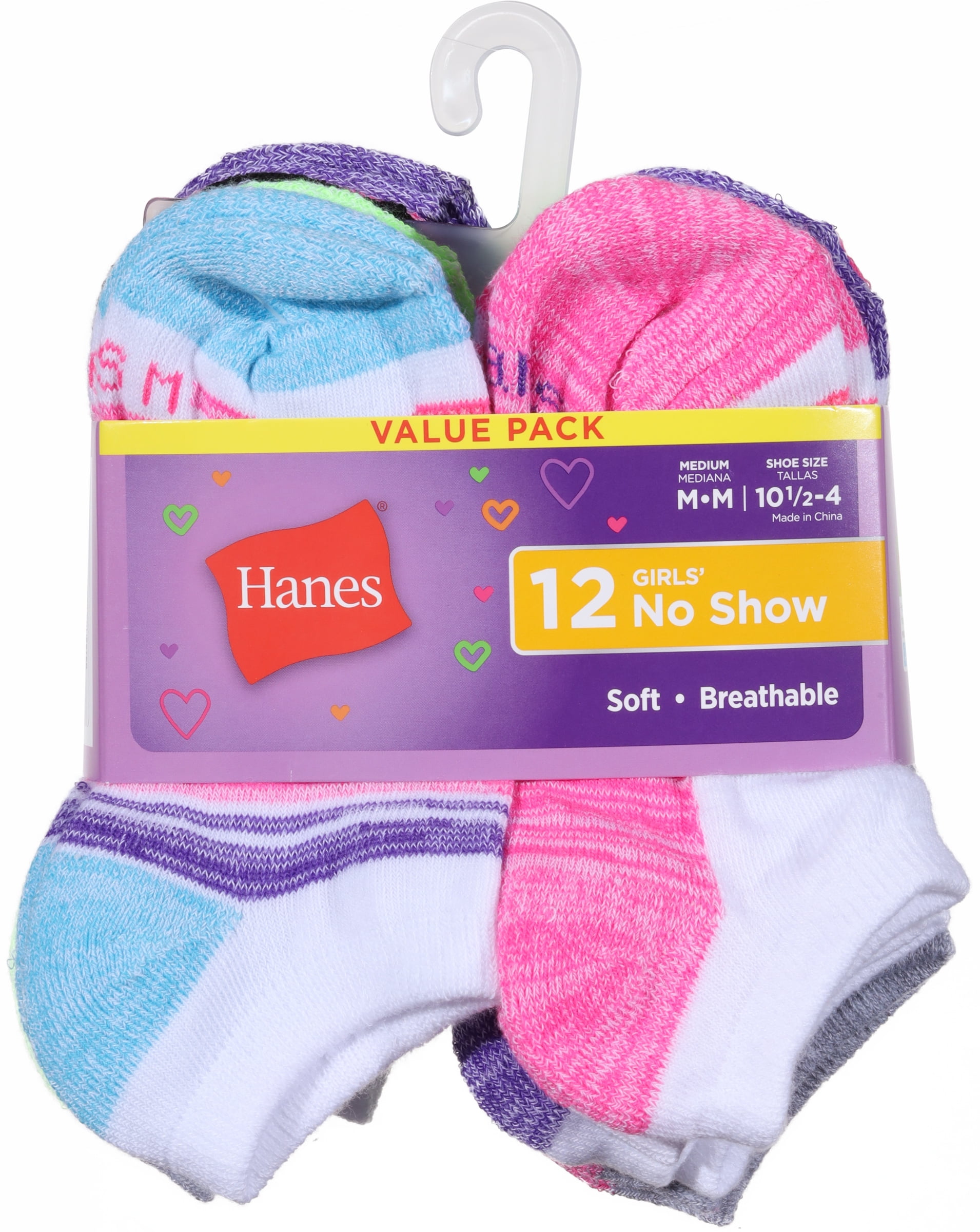 Hanes Girls' Socks, 12 Pack Cool Comfort No Show Socks, Size S-L