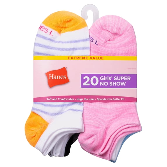 Hanes Girls Super No Show Socks 20-Pack