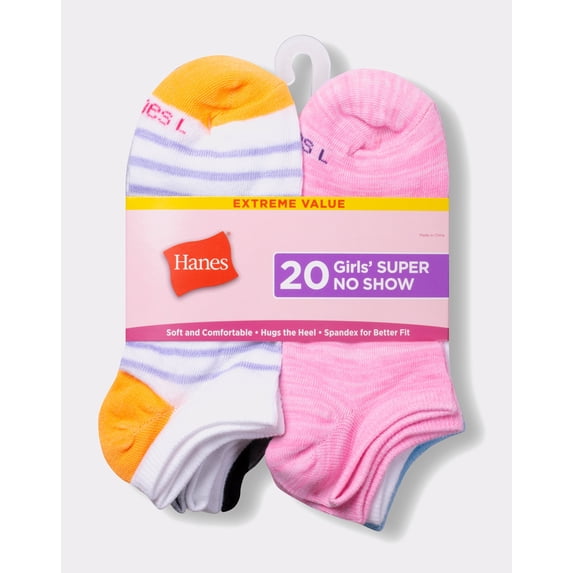 Hanes Girls' Super No Show Socks, Value Pack, 20-Pairs Assorted S