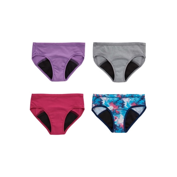 Hanes Girls Period Underwear Hipster, 4-Pack, Comfort, Period. Moderate Protection, Assorted