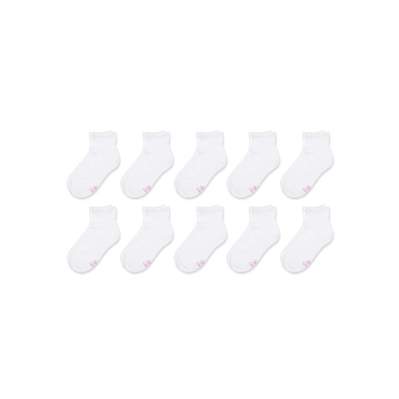 Hanes Girls Ankle Socks, 10 Pairs, Cushioned Quarter Socks, Stretch, White