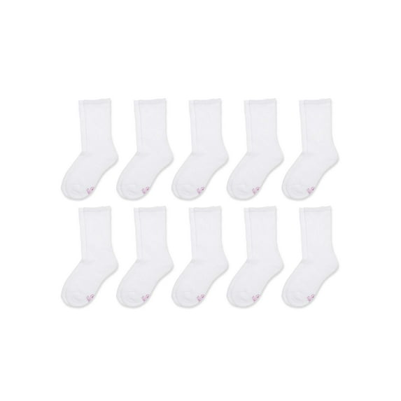 Hanes Girls Crew Socks, 10 Pairs, Cushioned Uniform Socks, Stretch, White
