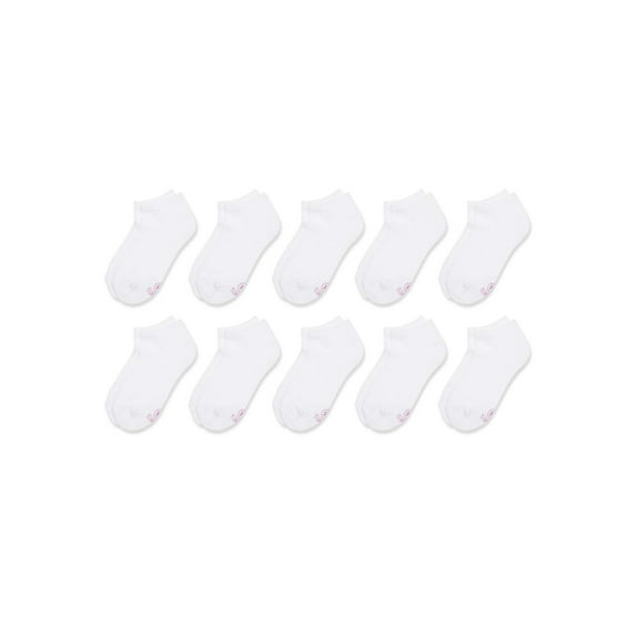 Hanes Girls No-Show Socks, 10 Pairs, Cushioned Socks, Stretch, White