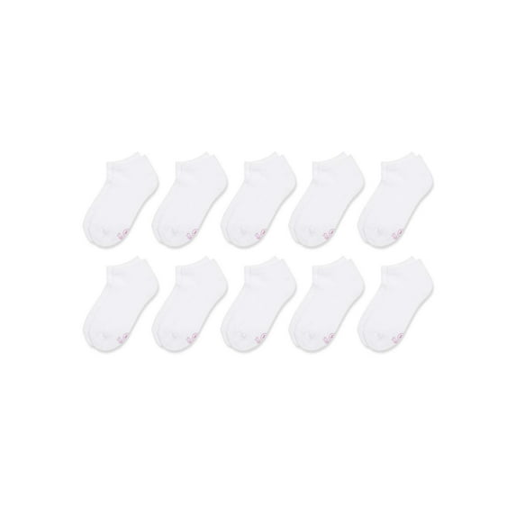 Hanes Girls No-Show Socks, 10 Pairs, Cushioned Socks, Stretch, White