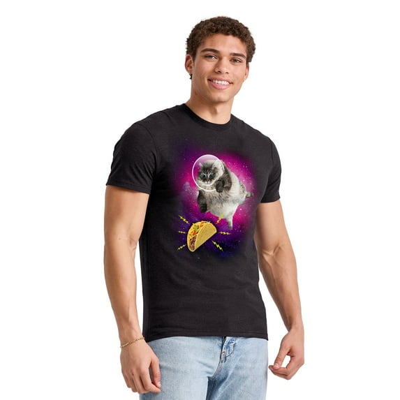 Hanes Men's Funny Humor Sarcastic Cat on a Taco Quest Graphic Tee Shirt