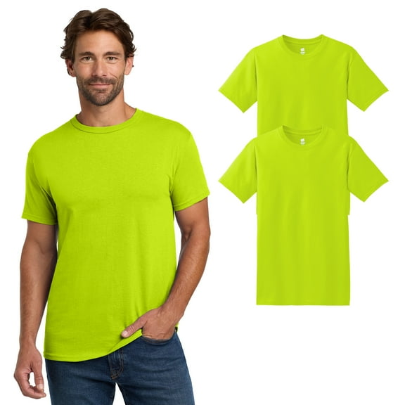 Hanes Hi Vis Safety T-Shirt, Men High Visibility Short Sleeve Green Workwear Tee, S , 2 Pack