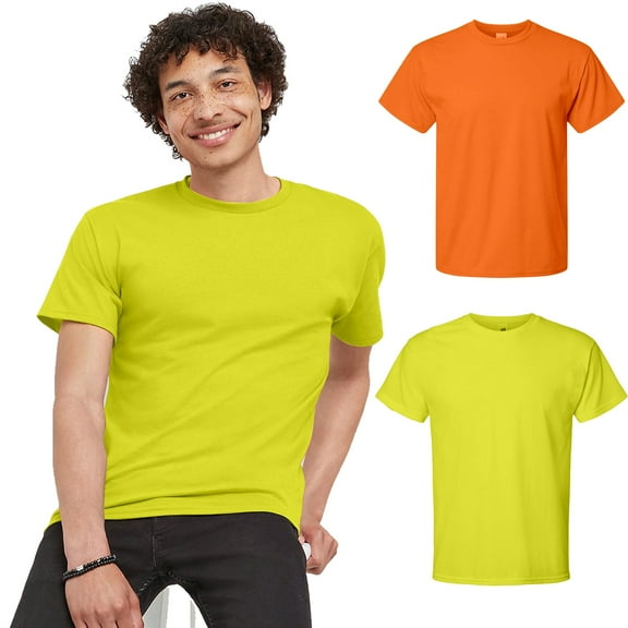 Hanes High Visibility Men's Work Safety T-Shirt, Short Sleeve Crew Tee, Green and Orange, S, 2 Pack