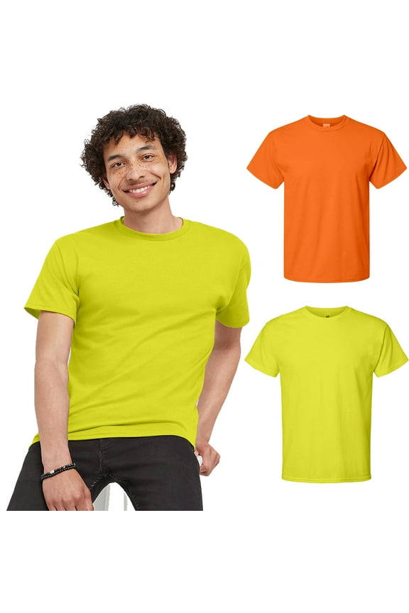 High Visibility Men's Work Safety T-Shirt, Short Sleeve Crew Tee, Green and Orange, S, 2 Pack