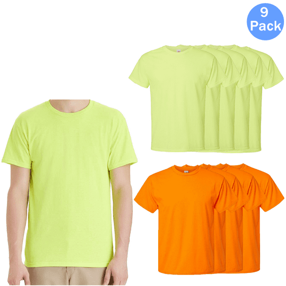 Hanes High Visibility Shirt for Men, Hi Vis Short Sleeves Adult Workwear Crewneck T-Shirt Safety Orange, Safety Green Multipack Tee 6, Size S-5XL