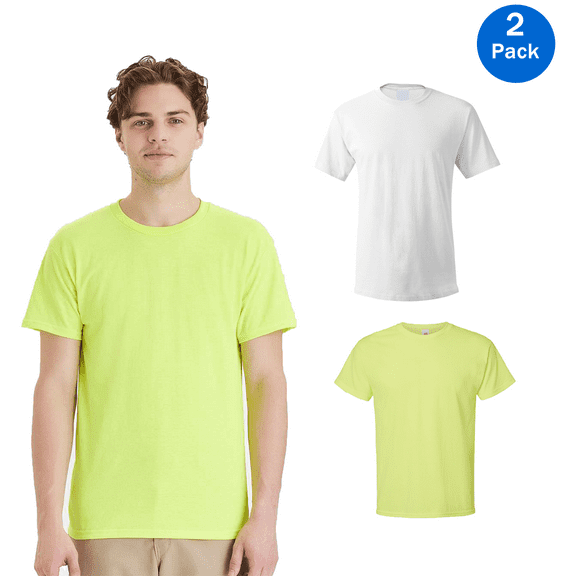 Hanes High Visibility T-Shirt for Men, Hi Vis Safety Crewneck Shirt, 2 Pack White and Safety Green Tee, Size S