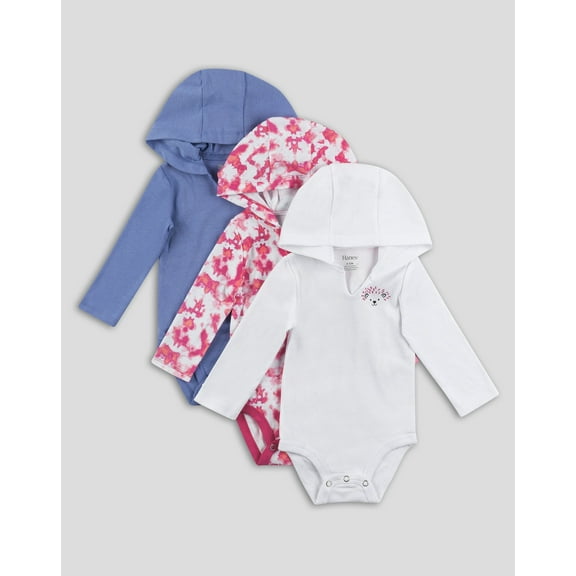 Hanes Hoodie Bodysuits 3-Pack Flexy Baby Knit Long Sleeve 4-Way Boys Girls Light