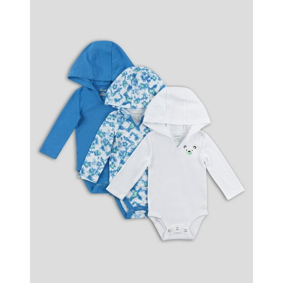 Hanes Hoodie Bodysuits 3-Pack Flexy Baby Knit Long Sleeve 4-Way Boys Girls Light