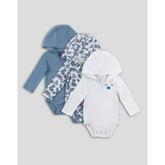 Hanes Hoodie Bodysuits 3-Pack Flexy Baby Knit Long Sleeve 4-Way Boys Girls Light