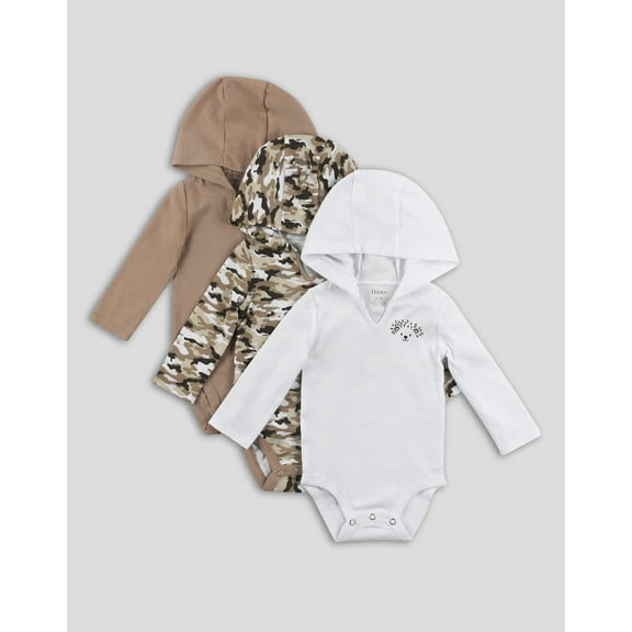 Hanes Hoodie Bodysuits 3-Pack Flexy Baby Knit Long Sleeve 4-Way Boys Girls Light