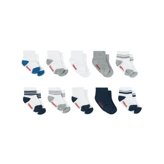Hanes Infant/Toddler Boys' Ankle Socks, Gripper Foot Bottoms, 10-Pairs Blue/White/Grey Assorted 24MTH