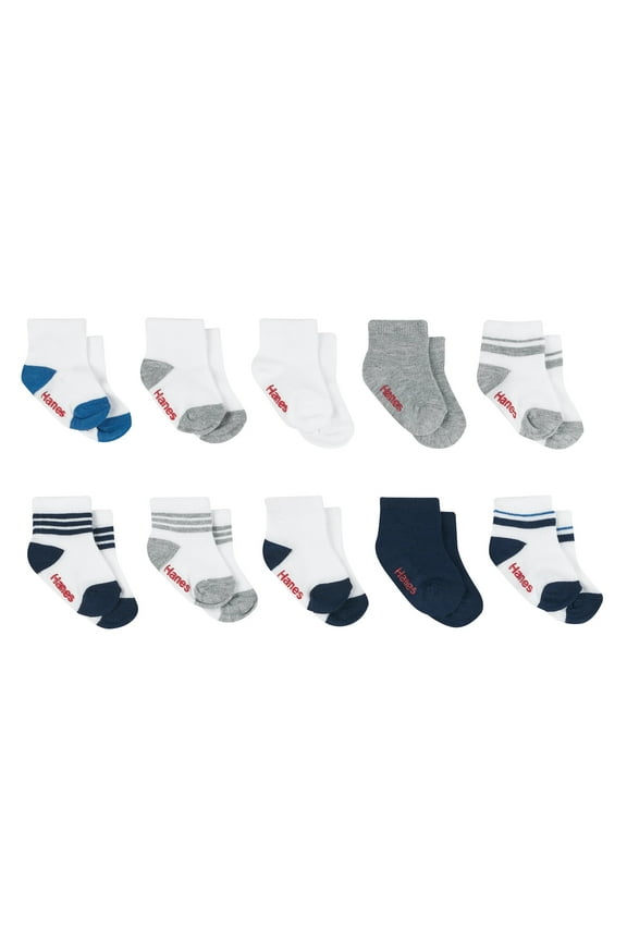 Infant/Toddler Boys' Ankle Socks, Gripper Foot Bottoms, 10-Pairs Blue/White/Grey Assorted 12MTH