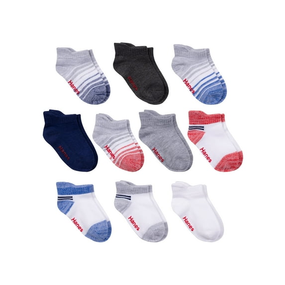 Hanes Infant/Toddler Boys' Heel Shield Socks, Gripper Foot Bottoms, 10-Pairs Grey/White/Blue/Assorted 4T