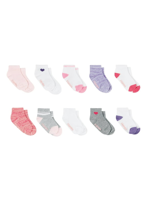 Infant/Toddler Girls' Ankle Socks, Gripper Bottoms, 10-Pairs Grey/White/Pink/Purple Assorted 12MTH