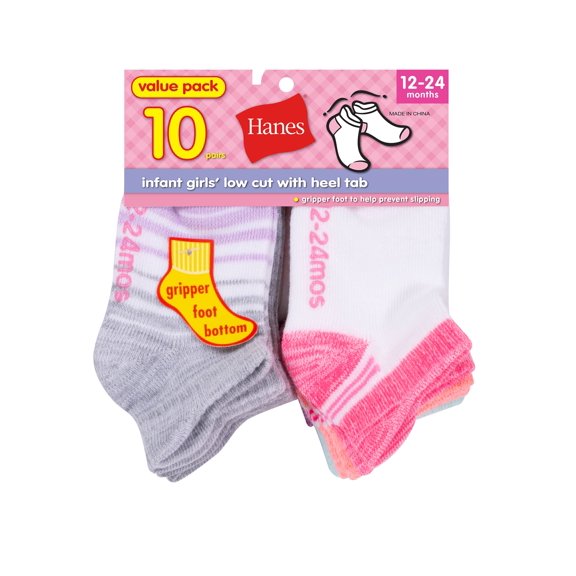 Hanes Infant/Toddler Girls' Heel Shield Socks, Gripper Foot Bottom, 10-Pairs Grey/White/Pink/Assorted 12MTH