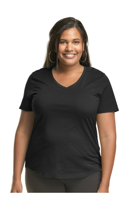 Hanes Just My Size Cotton Jersey Short Sleeve V-Neck T-Shirt (Plus ) Black 1X Women's
