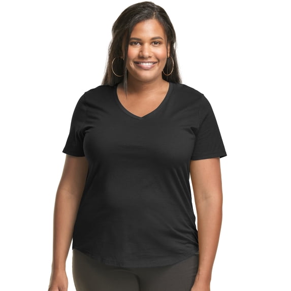 Hanes Just My Size Cotton Jersey Short Sleeve V-Neck T-Shirt (Plus ) Black 3X Women's