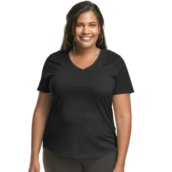 Hanes Just My Size Cotton Jersey Short Sleeve V-Neck T-Shirt (Plus ) Black 4X Women's