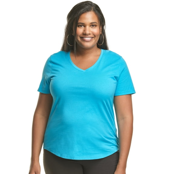 Hanes Just My Size Cotton Jersey Short Sleeve V-Neck T-Shirt (Plus ) Process Blue 1X Women's