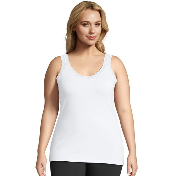 Hanes Just My Size Stretch Cotton Tank with Lace Trim (Plus ) White 1X Women's