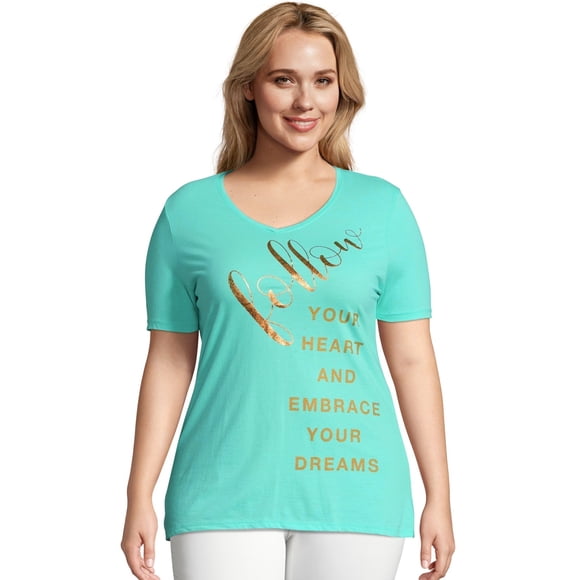 Just My Size Women's Plus Size Graphic Short Sleeve V-neck Tee