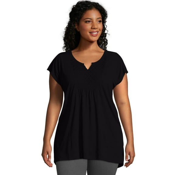 Hanes Just My Size Women's Slub Jersey Tunic, Crochet Bib (Plus ) Black 1X