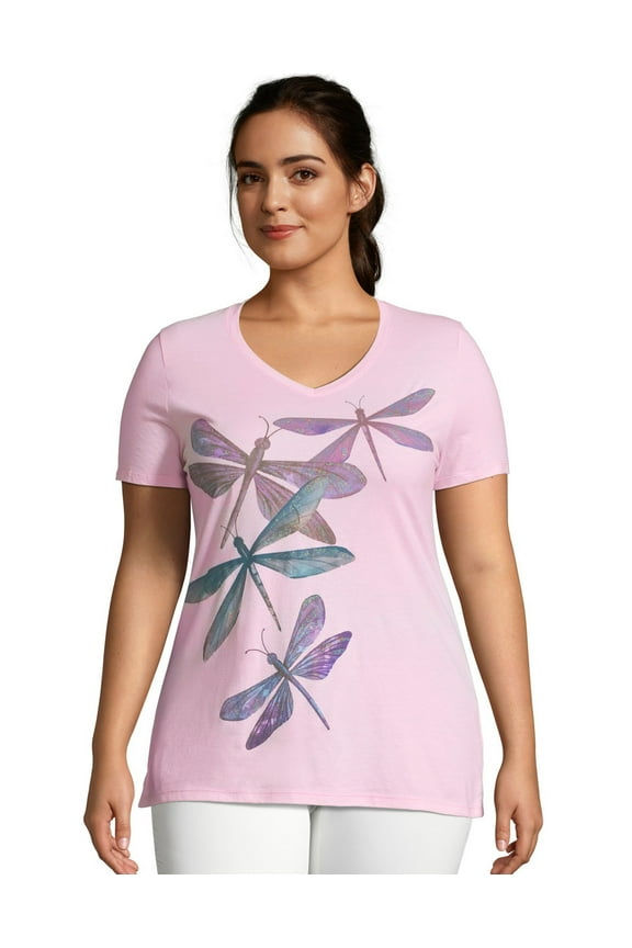 Hanes Just My Size Women's V-Neck Graphic T-Shirt, Dragonfly Ascending (Plus ) Paleo Pink 1X