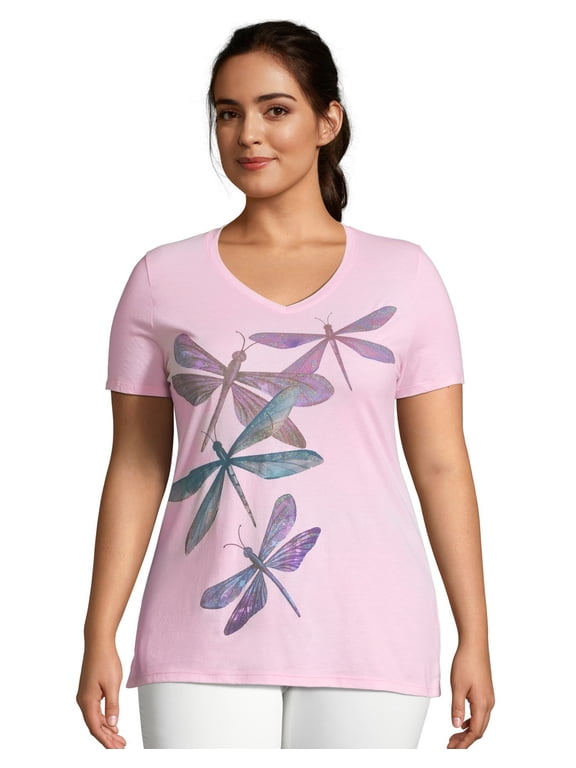 Just My Size Women's V-Neck Graphic T-Shirt, Dragonfly Ascending (Plus ) Paleo Pink 1X