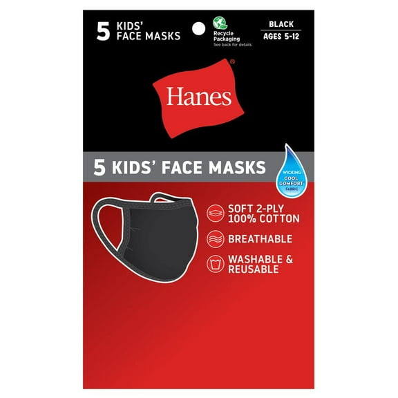 Hanes Kids Face Mask For Age 5-12 Pack of 5 (ComfortSoft and Breathable) Black - KANP25