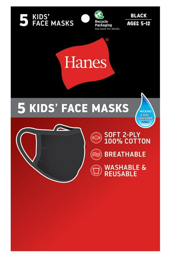 Kids Face Mask For Age 5-12 Pack of 5 (ComfortSoft and Breathable) Black - KANP25