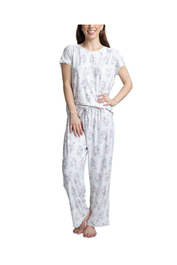 Lace-trim Printed Pajama Set, Floral, Large
