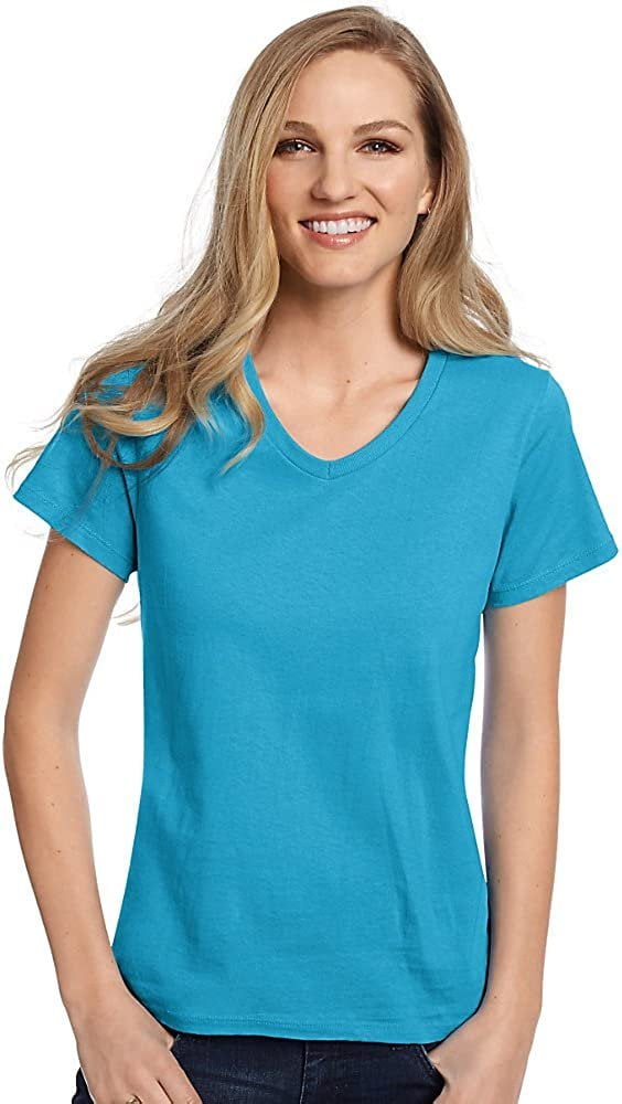 Hanes Ladies 5.2 oz. ComfortSoft V-Neck Cotton T-Shirt, Small, AQUATIC ...