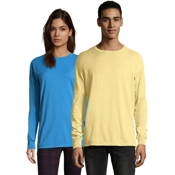 Hanes Long Sleeve Cotton T-Shirt Unisex Garment Dyed Tee Crewneck Cotton