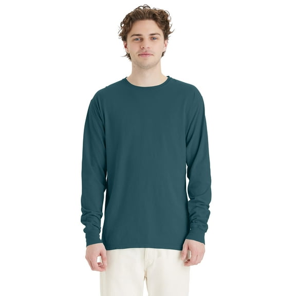 Hanes Long Sleeve Cotton T-Shirt Unisex Garment Dyed Tee Crewneck Cotton