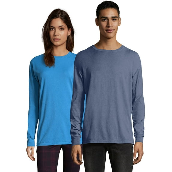 Hanes Long Sleeve Cotton T-Shirt Unisex Garment Dyed Tee Crewneck Cotton