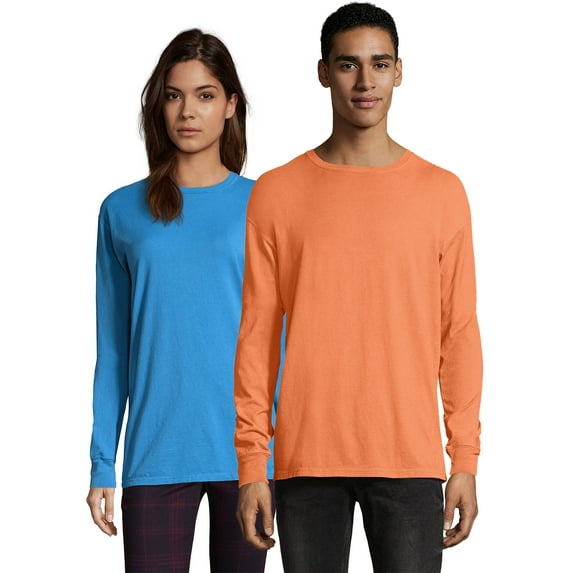 Hanes Long Sleeve Cotton T-Shirt Unisex Garment Dyed Tee Crewneck Cotton
